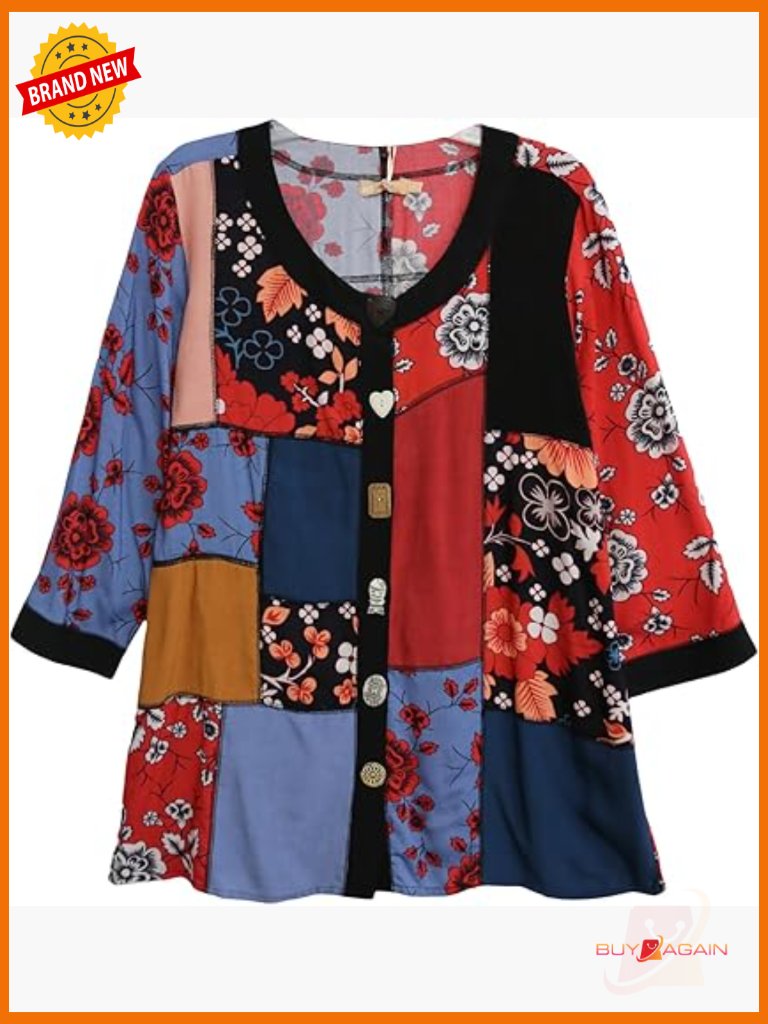 Women's Printed Rayon Blouse Scoop Neck 3/4 Sleeves Button Closure